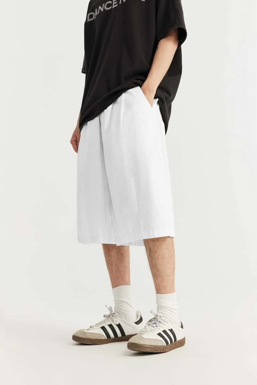 Washed Pleated Long Shorts - White