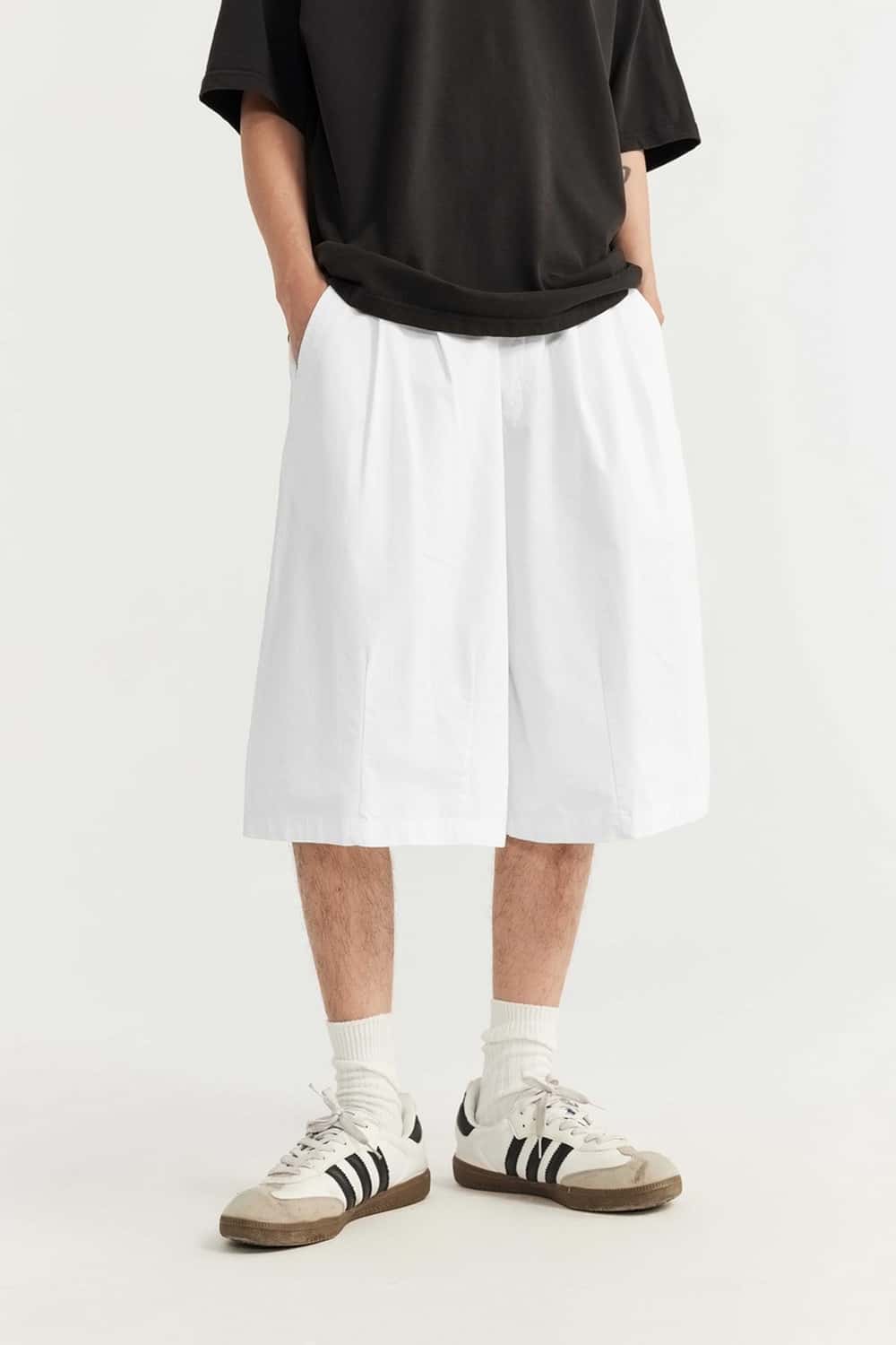 Washed Pleated Long Shorts - White