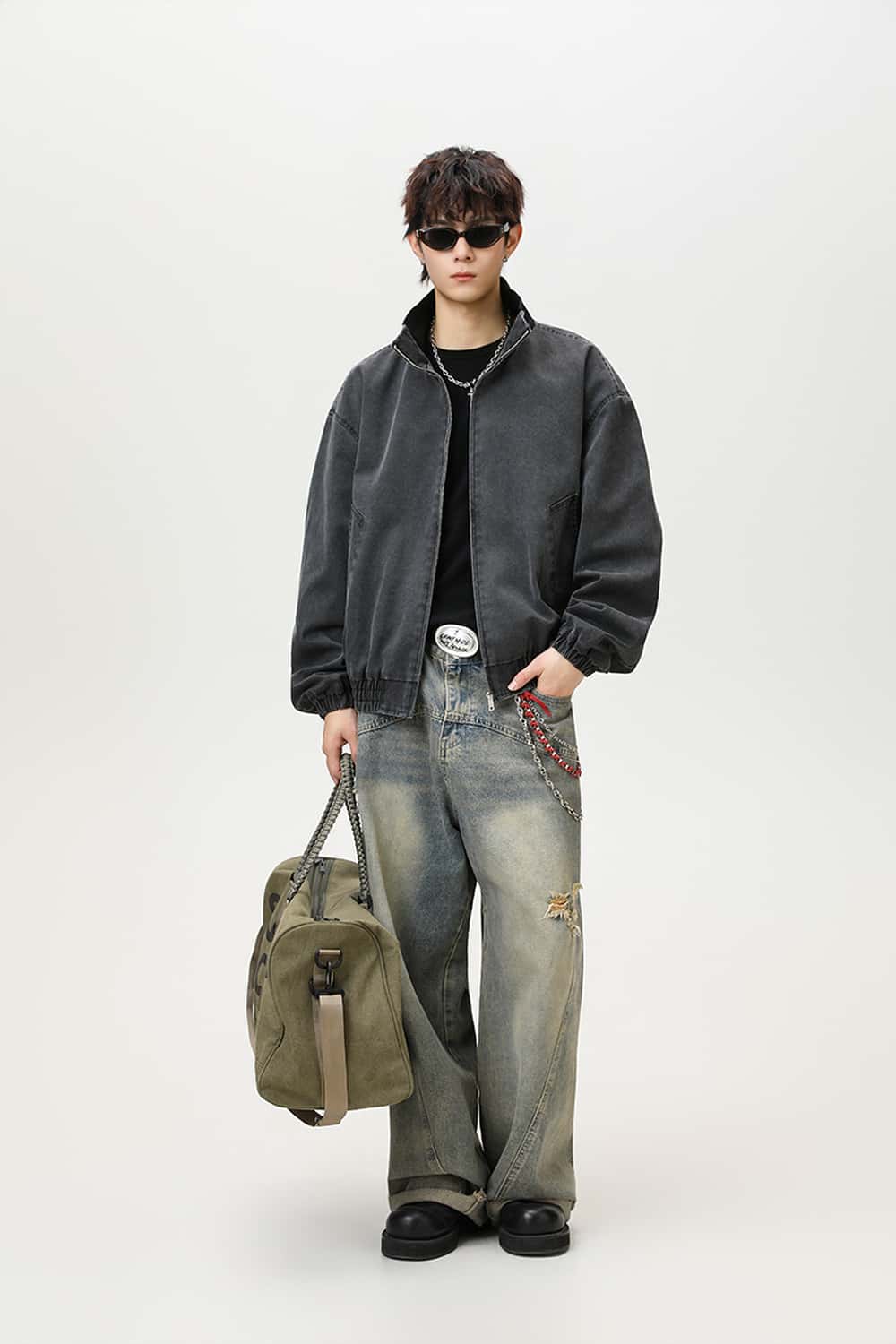 Washed Stand Collar Bomber Jacket - Black