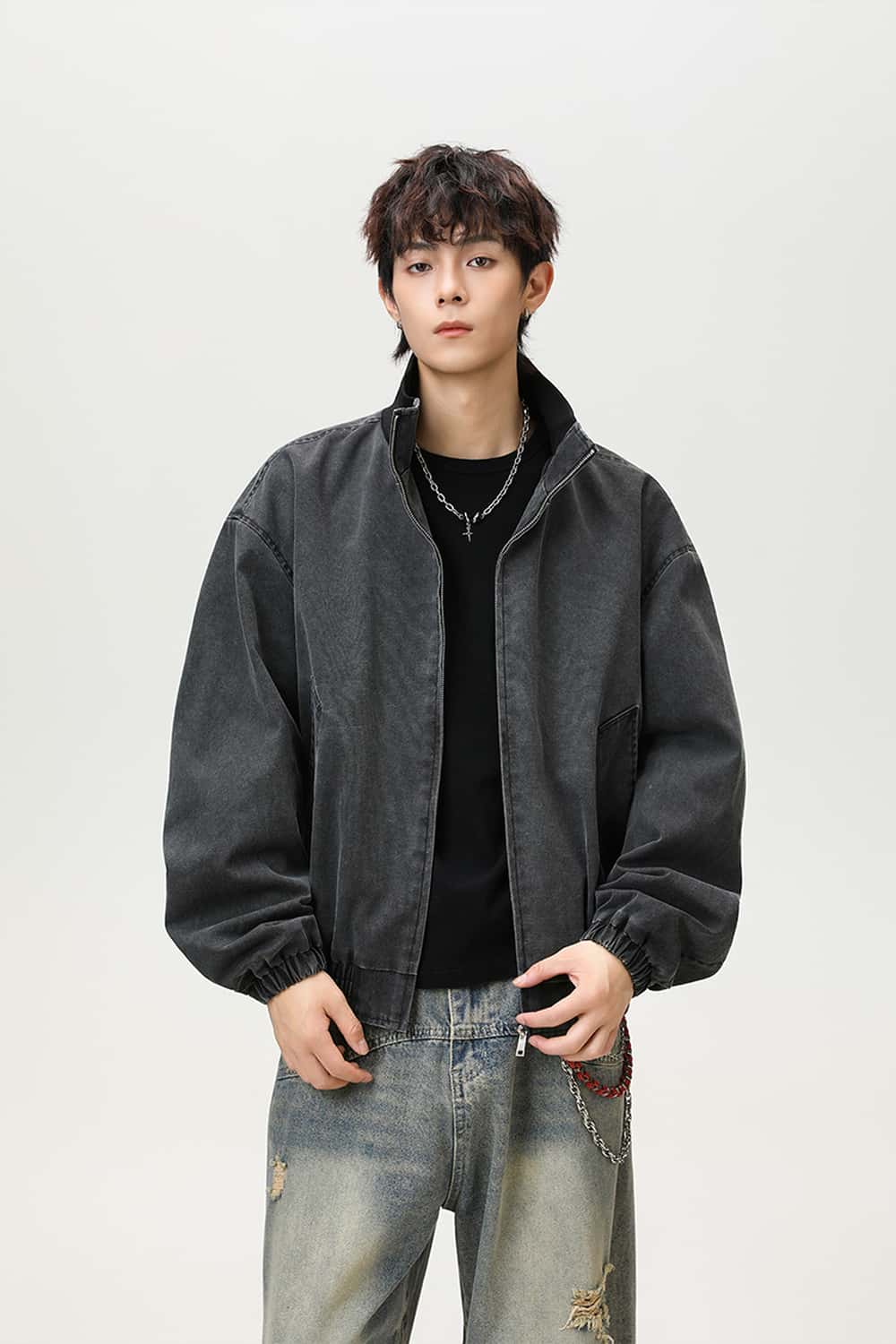 Washed Stand Collar Bomber Jacket - Black