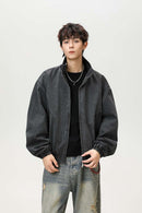 Washed Stand Collar Bomber Jacket - Black