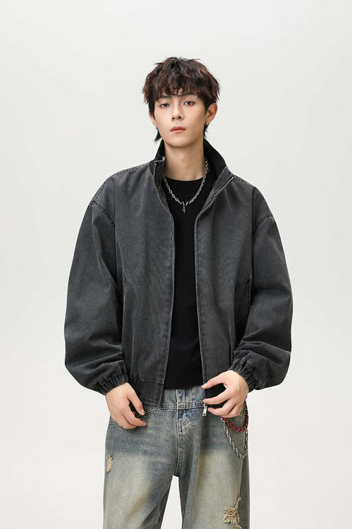 Washed Stand Collar Bomber Jacket - Black