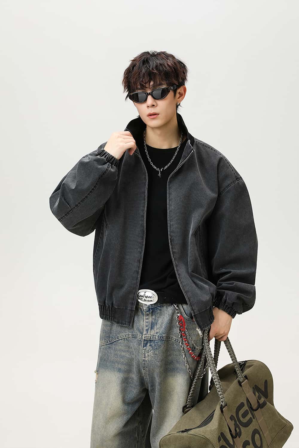 Washed Stand Collar Bomber Jacket - Black