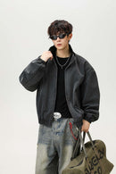 Washed Stand Collar Bomber Jacket - Black