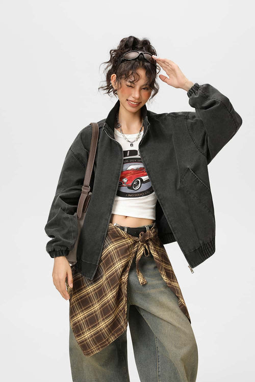 Washed Stand Collar Bomber Jacket - Black
