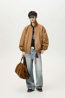 Washed Stand Collar Bomber Jacket - Brown