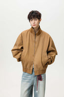 Washed Stand Collar Bomber Jacket - Brown