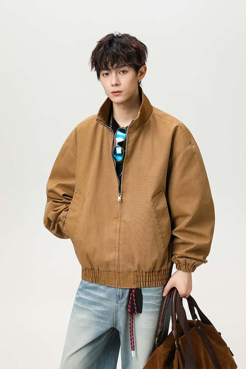 Washed Stand Collar Bomber Jacket - Brown