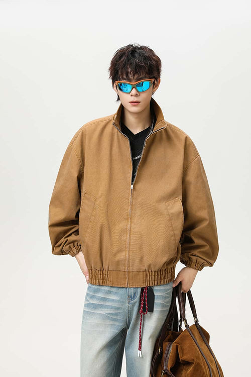 Washed Stand Collar Bomber Jacket - Brown