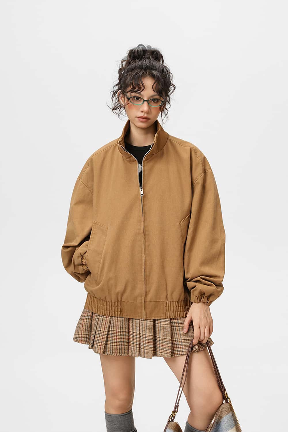 Washed Stand Collar Bomber Jacket - Brown