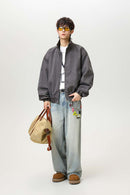 Washed Stand Collar Bomber Jacket - Grayish Coffee