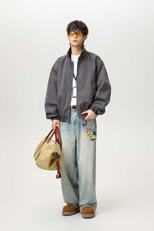 Washed Stand Collar Bomber Jacket - Grayish Coffee