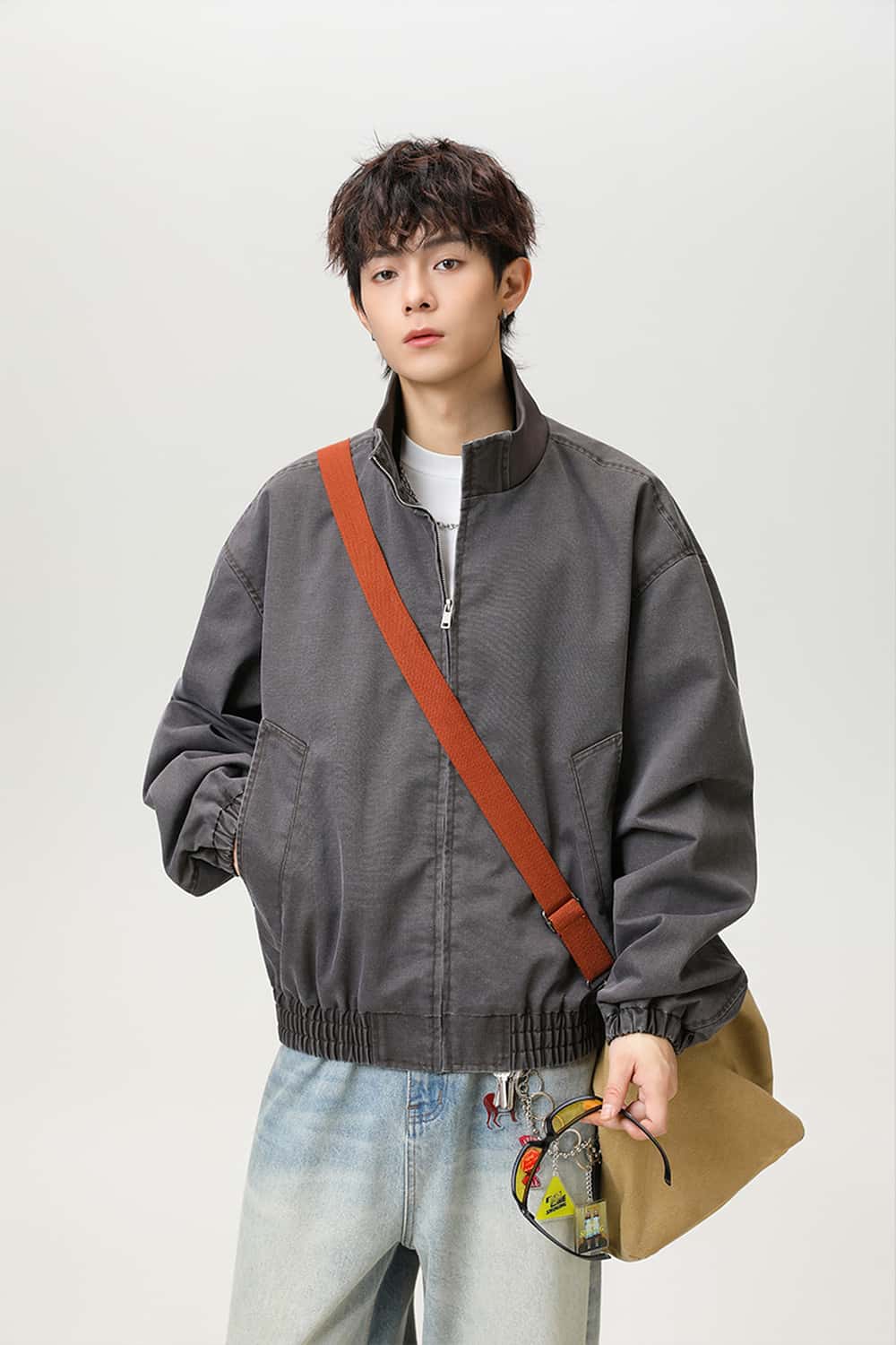 Washed Stand Collar Bomber Jacket - Grayish Coffee
