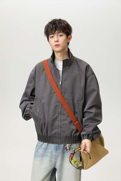 Washed Stand Collar Bomber Jacket - Grayish Coffee