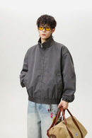 Washed Stand Collar Bomber Jacket - Grayish Coffee