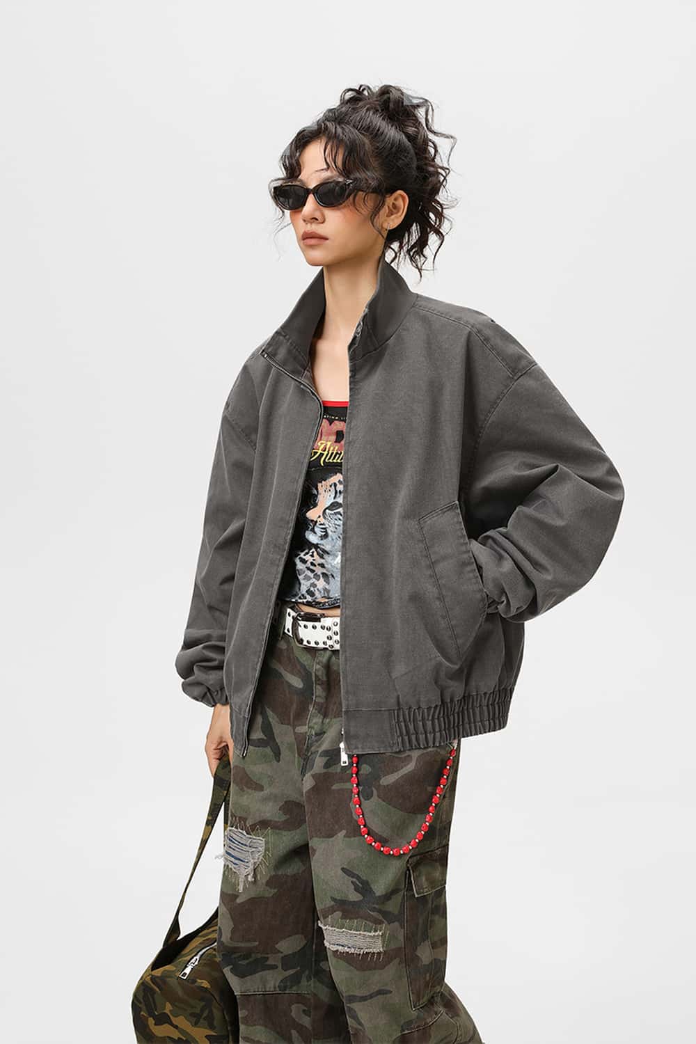 Washed Stand Collar Bomber Jacket - Grayish Coffee