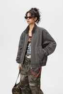 Washed Stand Collar Bomber Jacket - Grayish Coffee