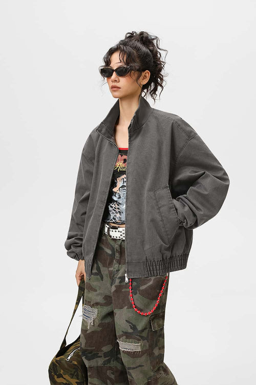 Washed Stand Collar Bomber Jacket - Grayish Coffee