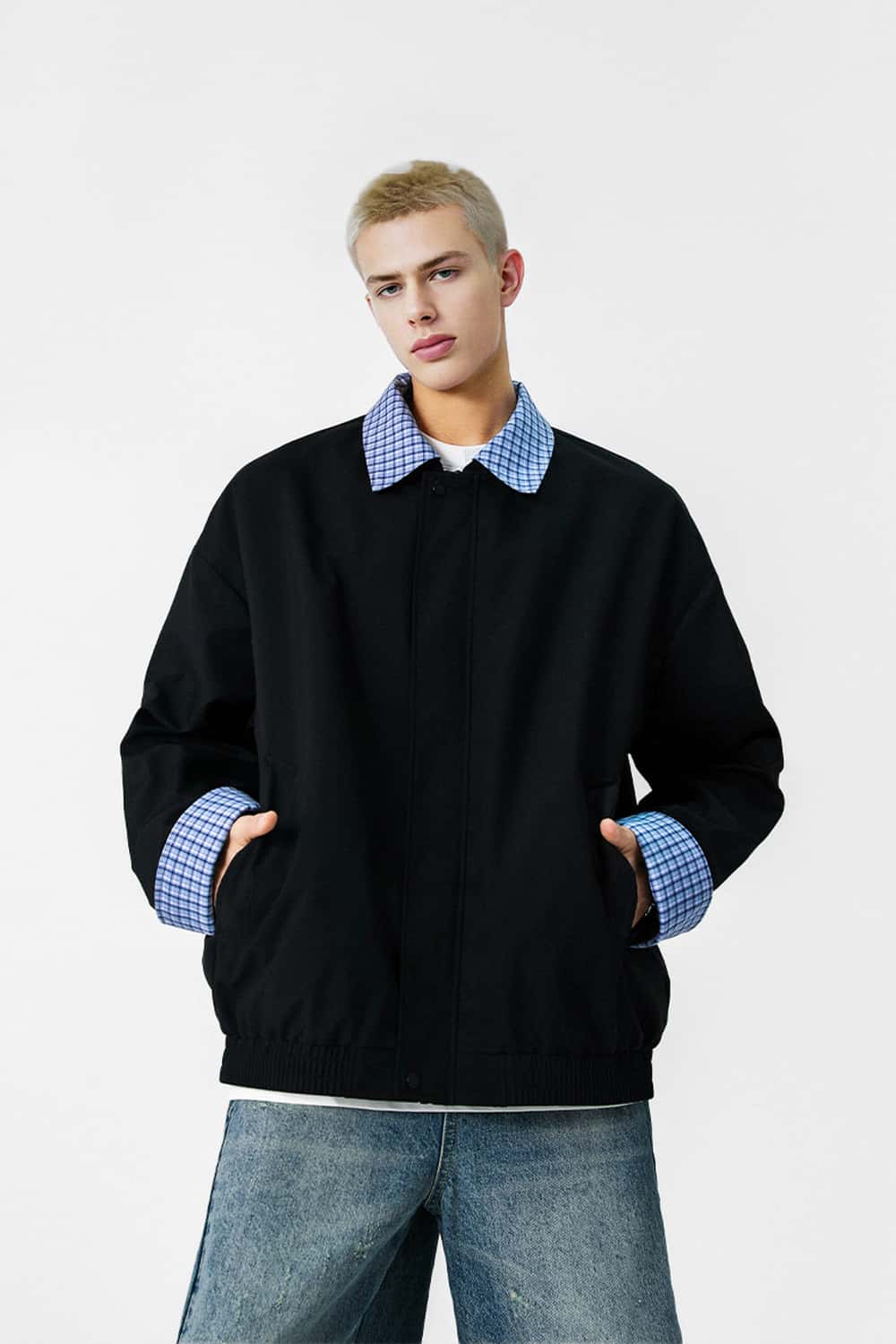 Plaid Collar Utility Jacket - Black