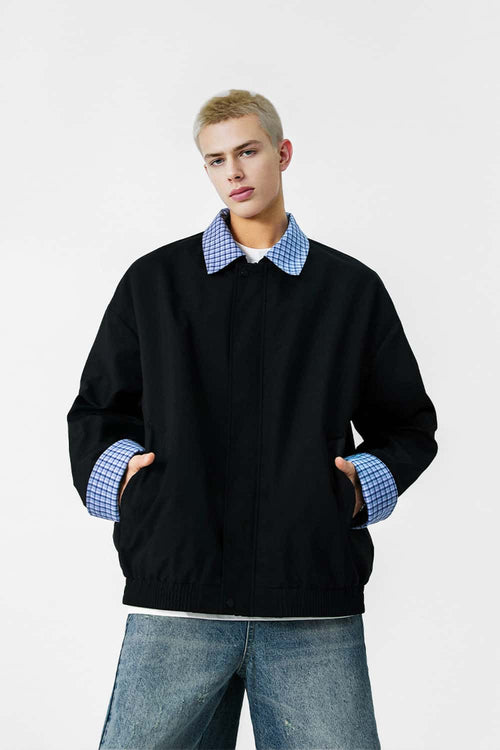 Plaid Collar Utility Jacket - Black