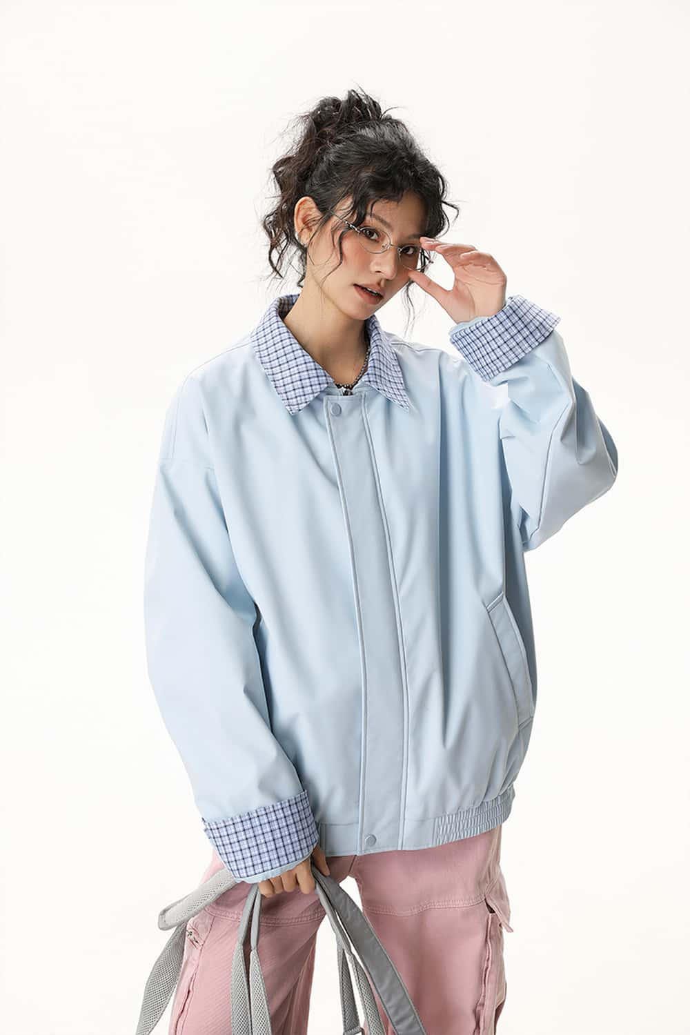 Plaid Collar Utility Jacket - Blue