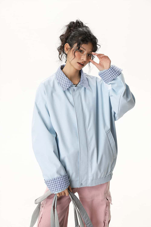 Plaid Collar Utility Jacket - Blue
