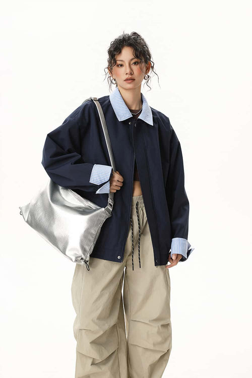 Plaid Collar Utility Jacket - Dark Blue