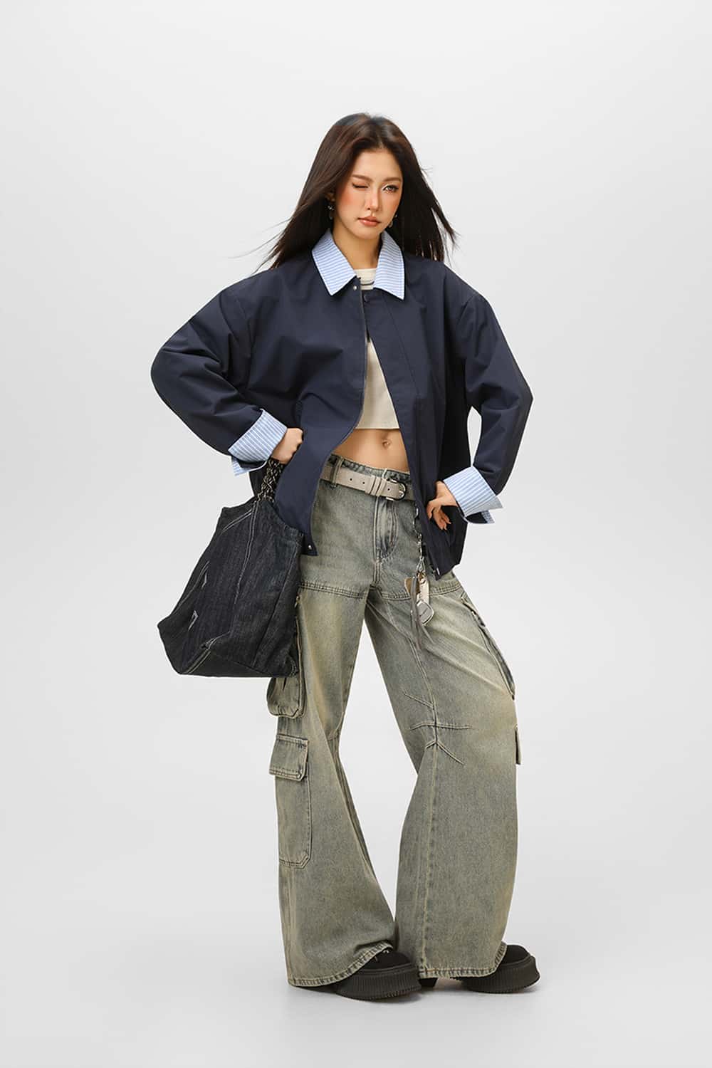 Plaid Collar Utility Jacket - Dark Blue
