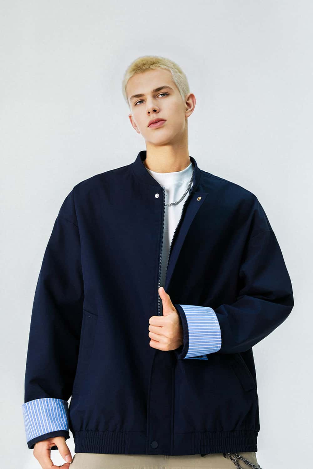 Plaid Collar Utility Jacket - Dark Blue