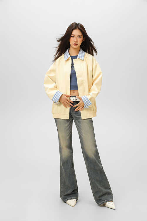 Plaid Collar Utility Jacket - Yellow