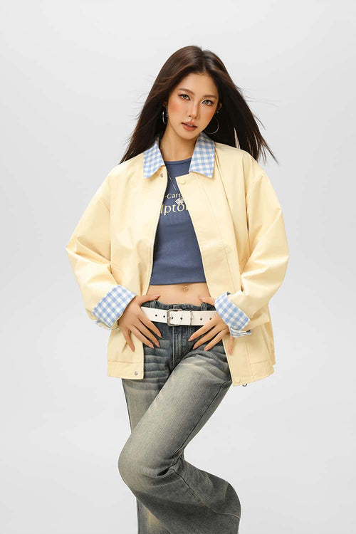 Plaid Collar Utility Jacket - Yellow