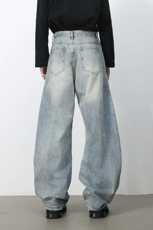 Washed Barrel-Leg Jeans - Blue