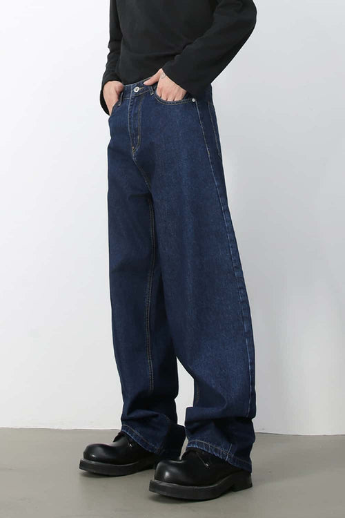 Washed Barrel-Leg Jeans - Dark Blue