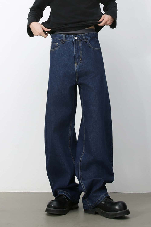 Washed Barrel-Leg Jeans - Dark Blue