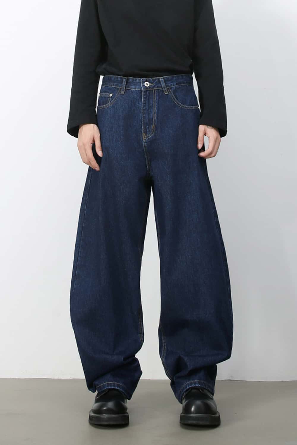 Washed Barrel-Leg Jeans - Dark Blue