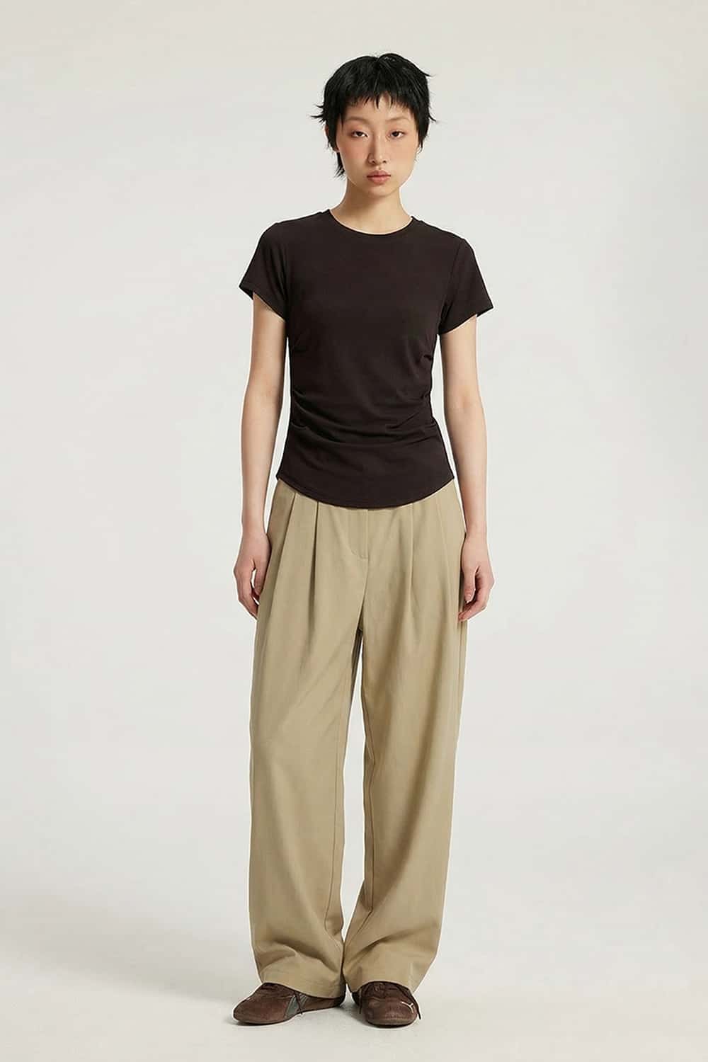 Ruched Lyocell Slim Fit T-Shirt - Brown
