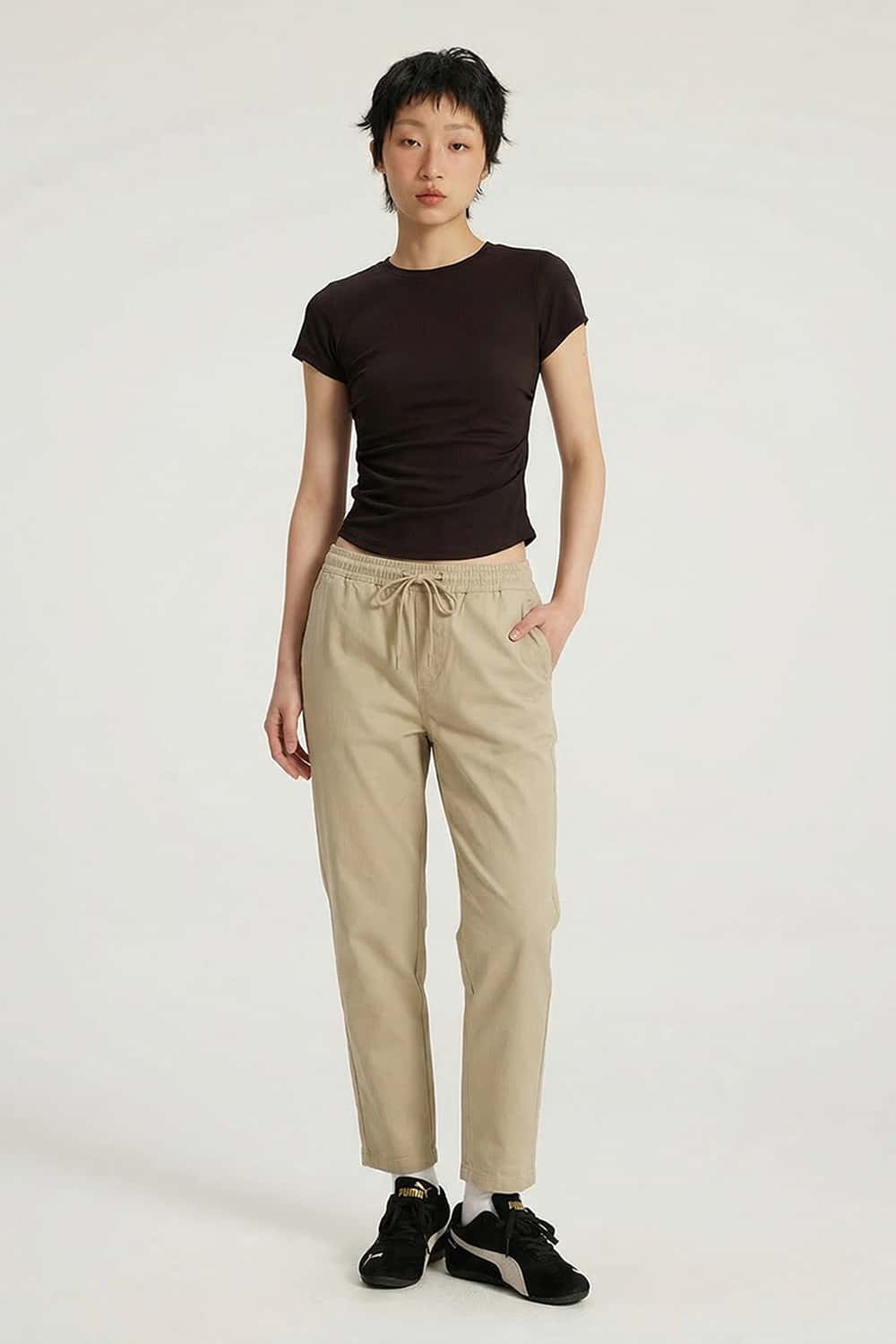 Ruched Lyocell Slim Fit T-Shirt - Brown