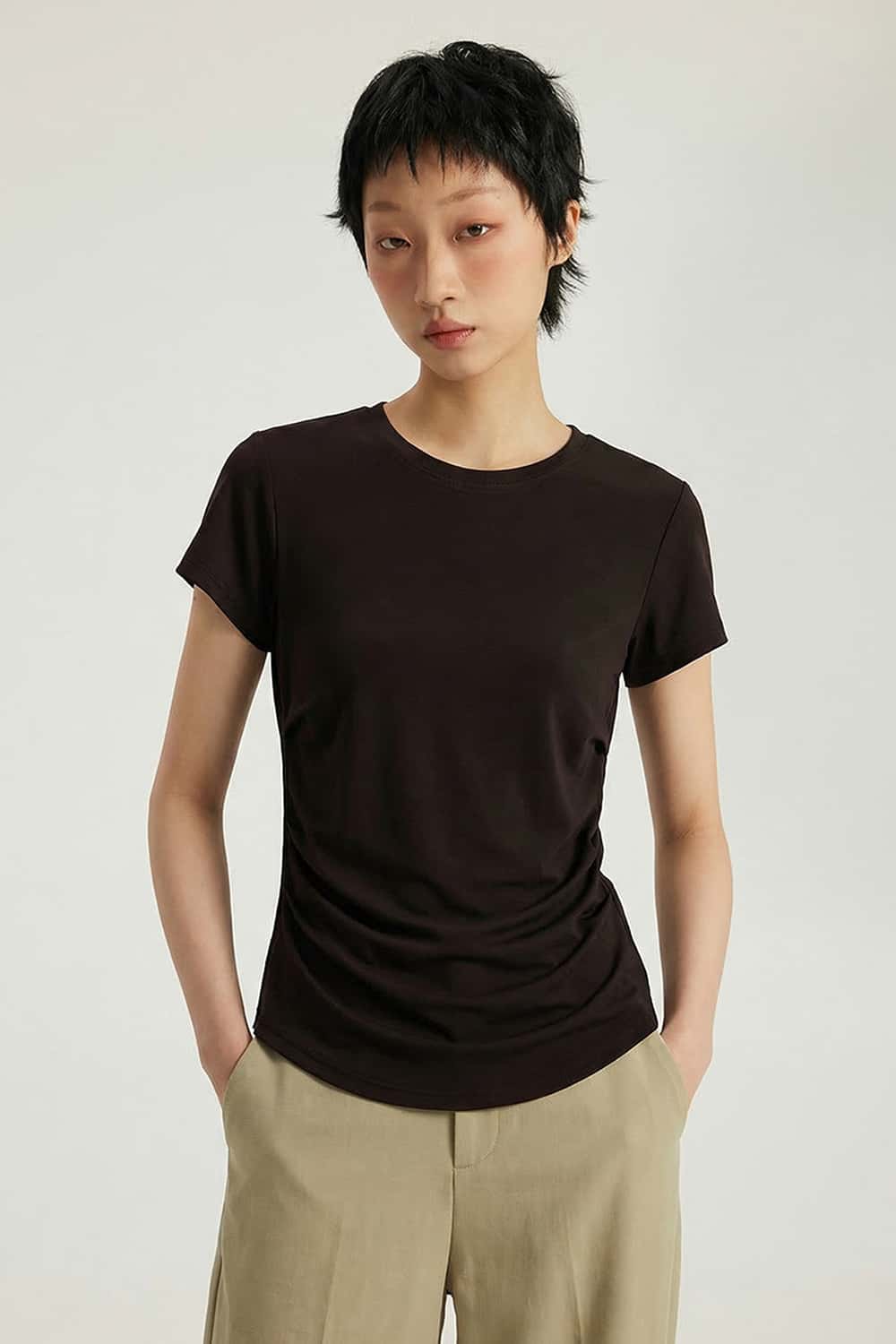 Ruched Lyocell Slim Fit T-Shirt - Brown
