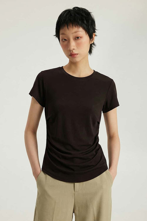 Ruched Lyocell Slim Fit T-Shirt - Brown