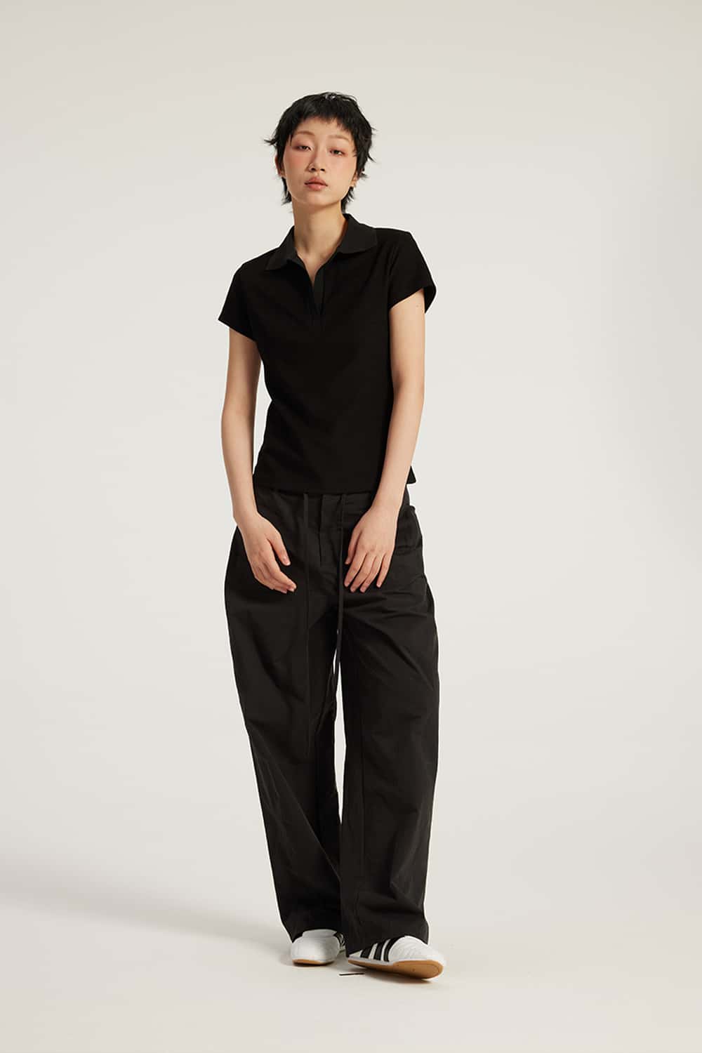 Fitted Short Sleeve Polo Top - Black