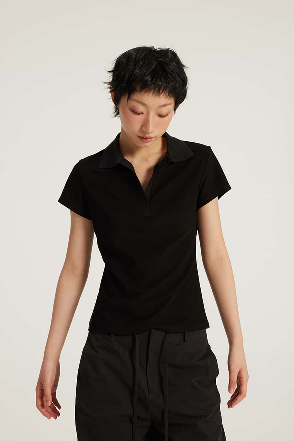 Fitted Short Sleeve Polo Top - Black