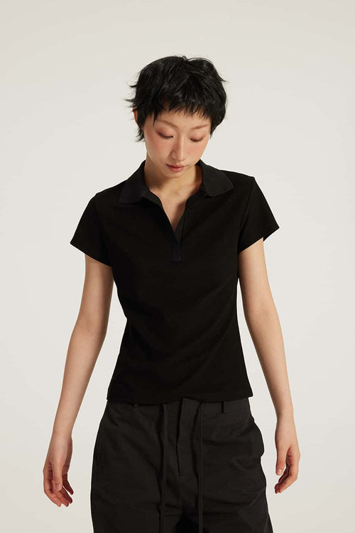 Fitted Short Sleeve Polo Top - Black