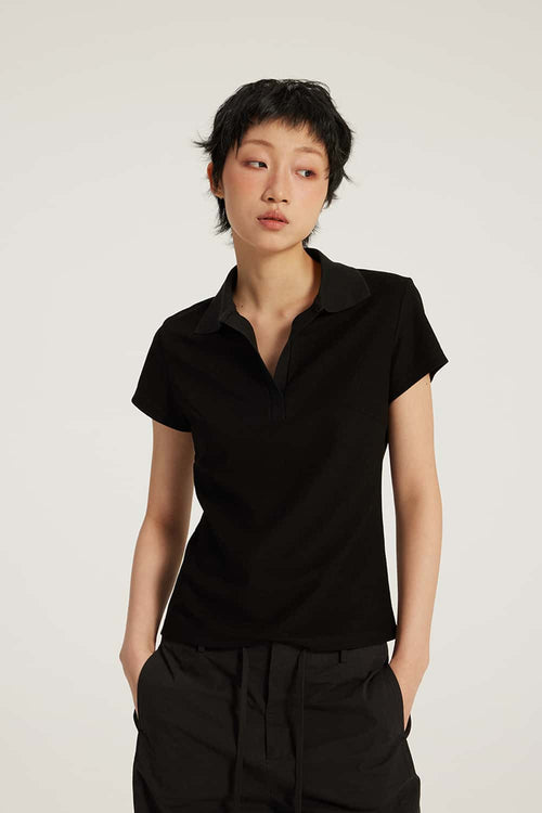 Fitted Short Sleeve Polo Top - Black