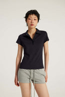 Fitted Short Sleeve Polo Top - Navy Blue