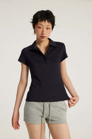 Fitted Short Sleeve Polo Top - Navy Blue