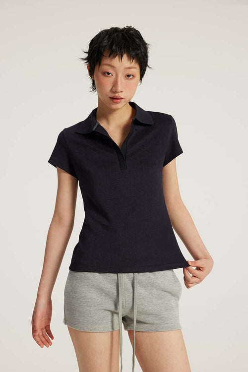 Fitted Short Sleeve Polo Top - Navy Blue