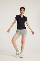 Fitted Short Sleeve Polo Top - Navy Blue