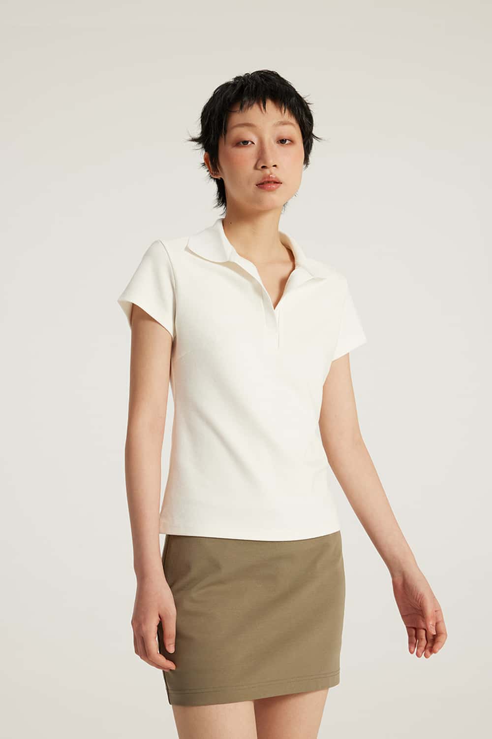 Fitted Short Sleeve Polo Top - Off White
