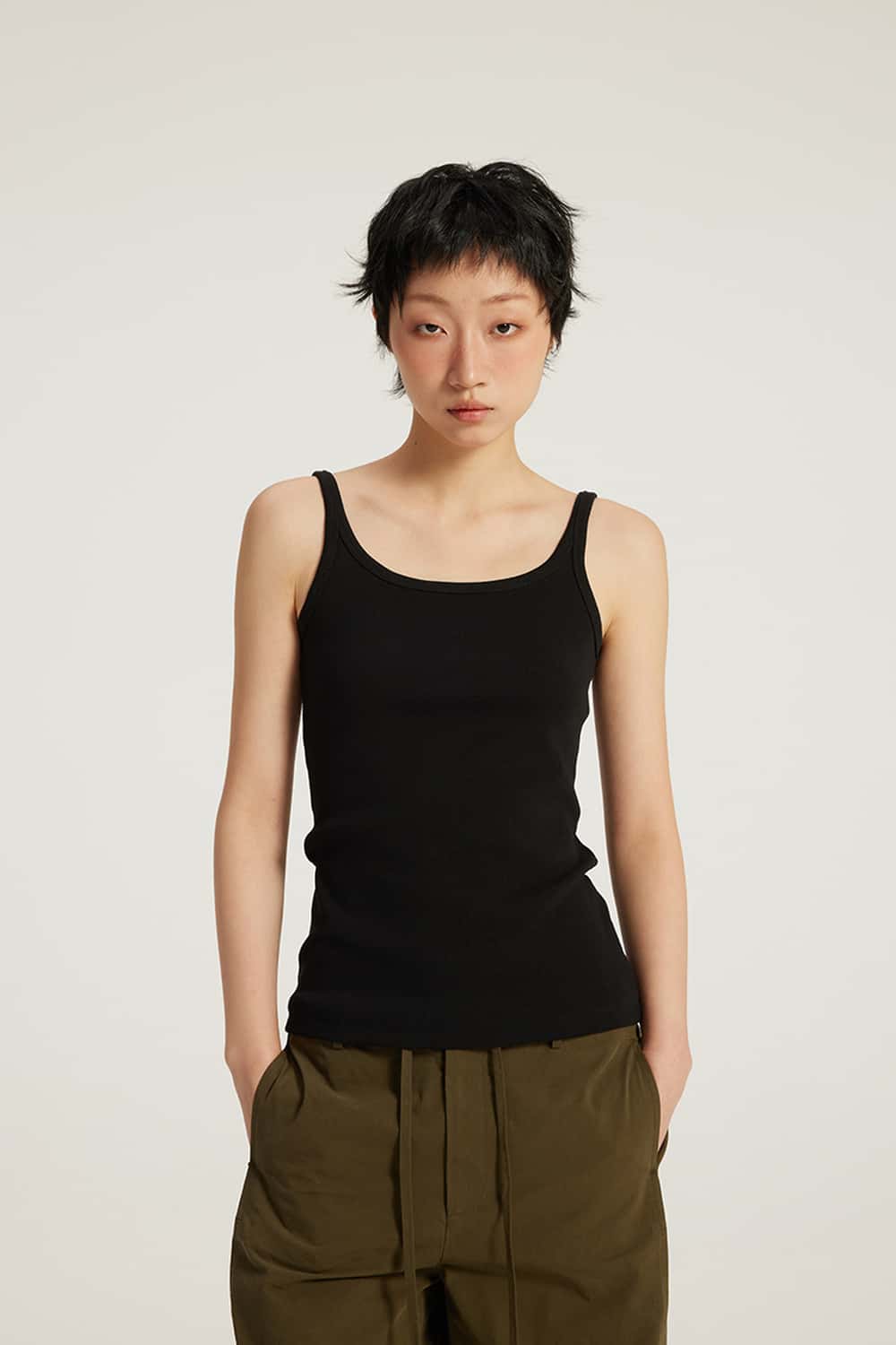 Ribbed Square-Neck Fitted Tank - Active Black