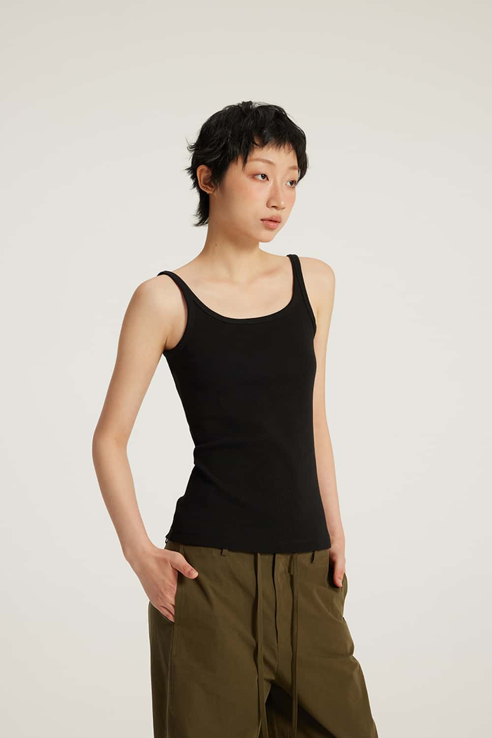 Ribbed Square-Neck Fitted Tank - Active Black